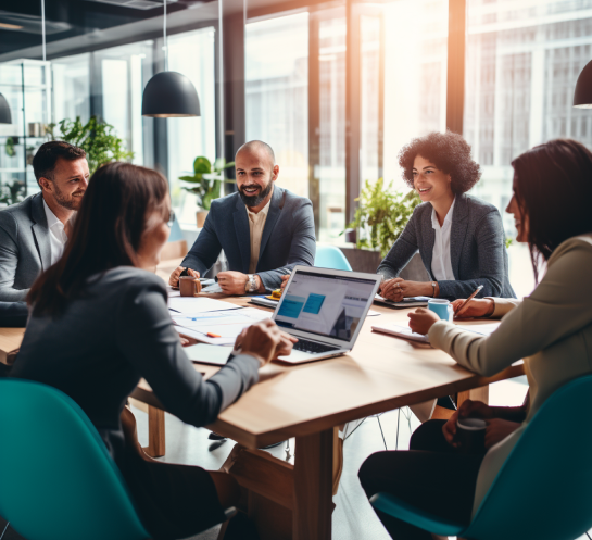 Group of people in an office talking to eachother